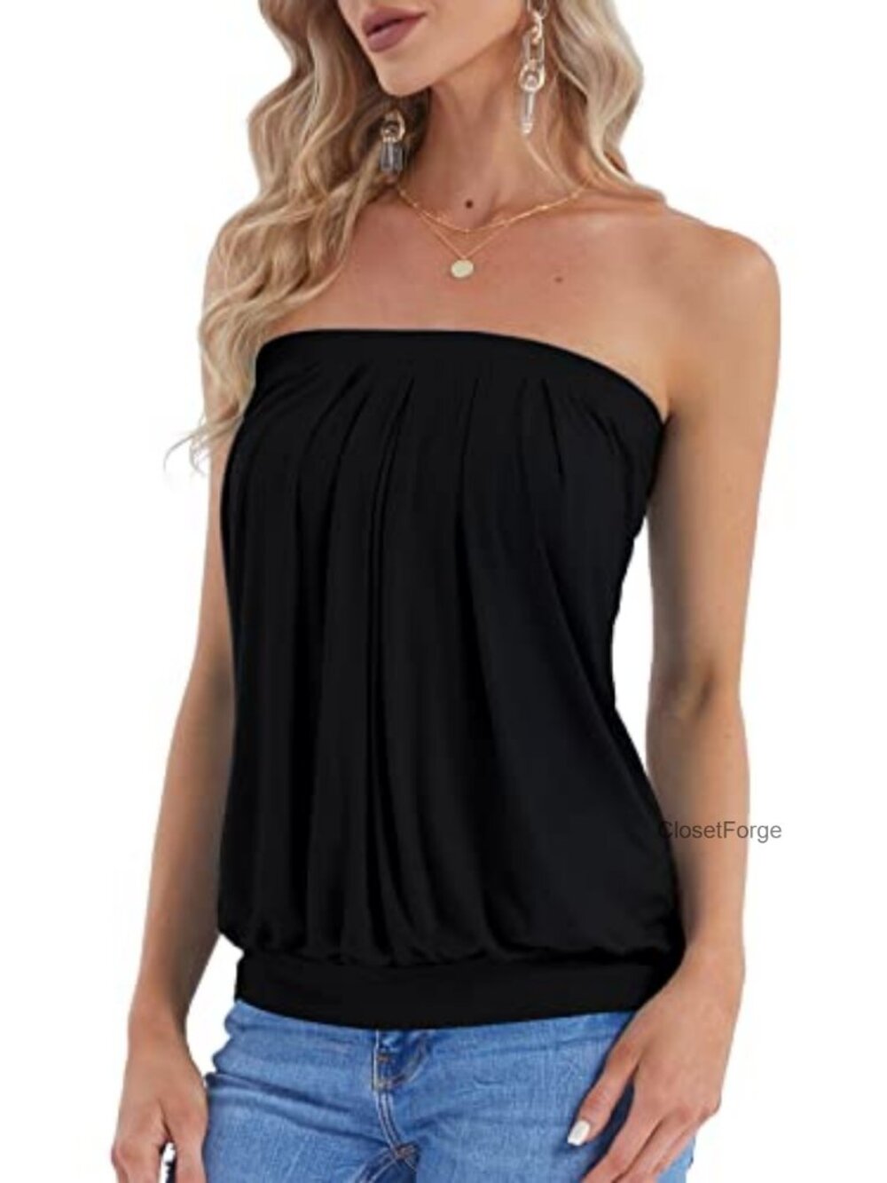 Women's Strapless Bandeau Tube Top Sleeveless Pleated Casual Summer Tank Top